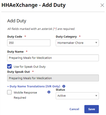 The Add Duty window contains fields for duty definitions such as code, category, and name.